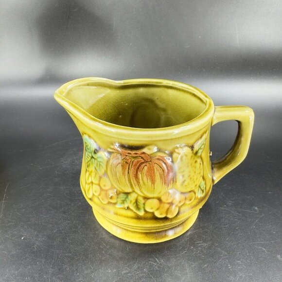 Vintage Ceramic Olive Green Sugar Bowl Creamer Fruit Veggies Made Japan Set - Picture 9 of 16